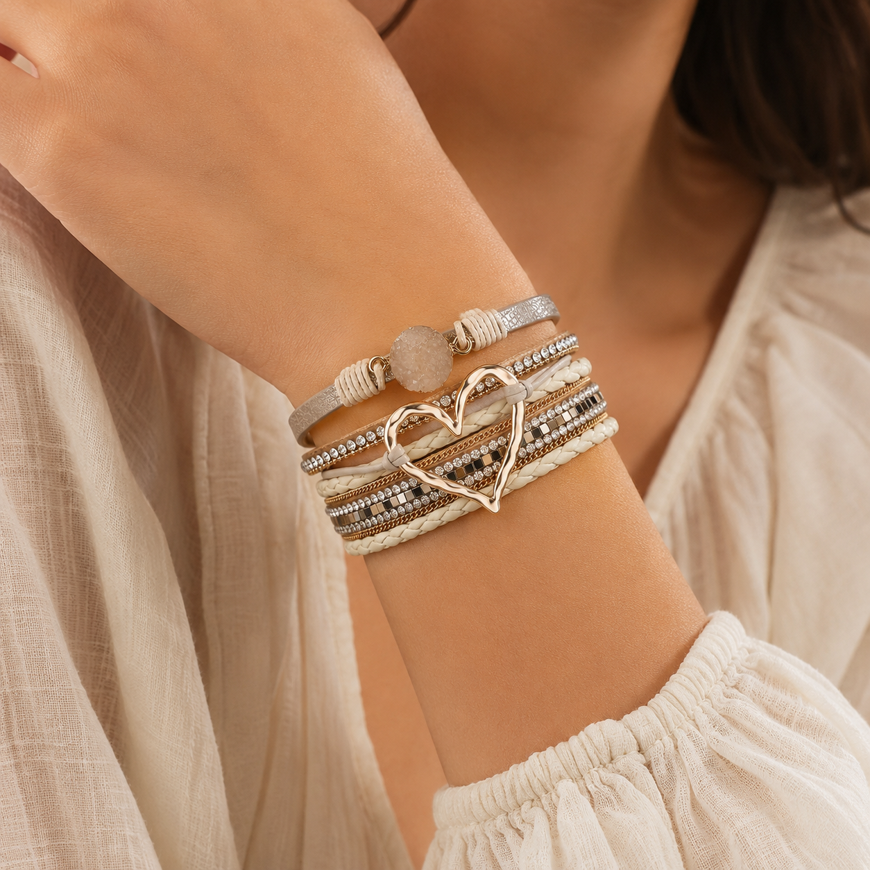 Layered Heart Charm Bracelet – White & Gold