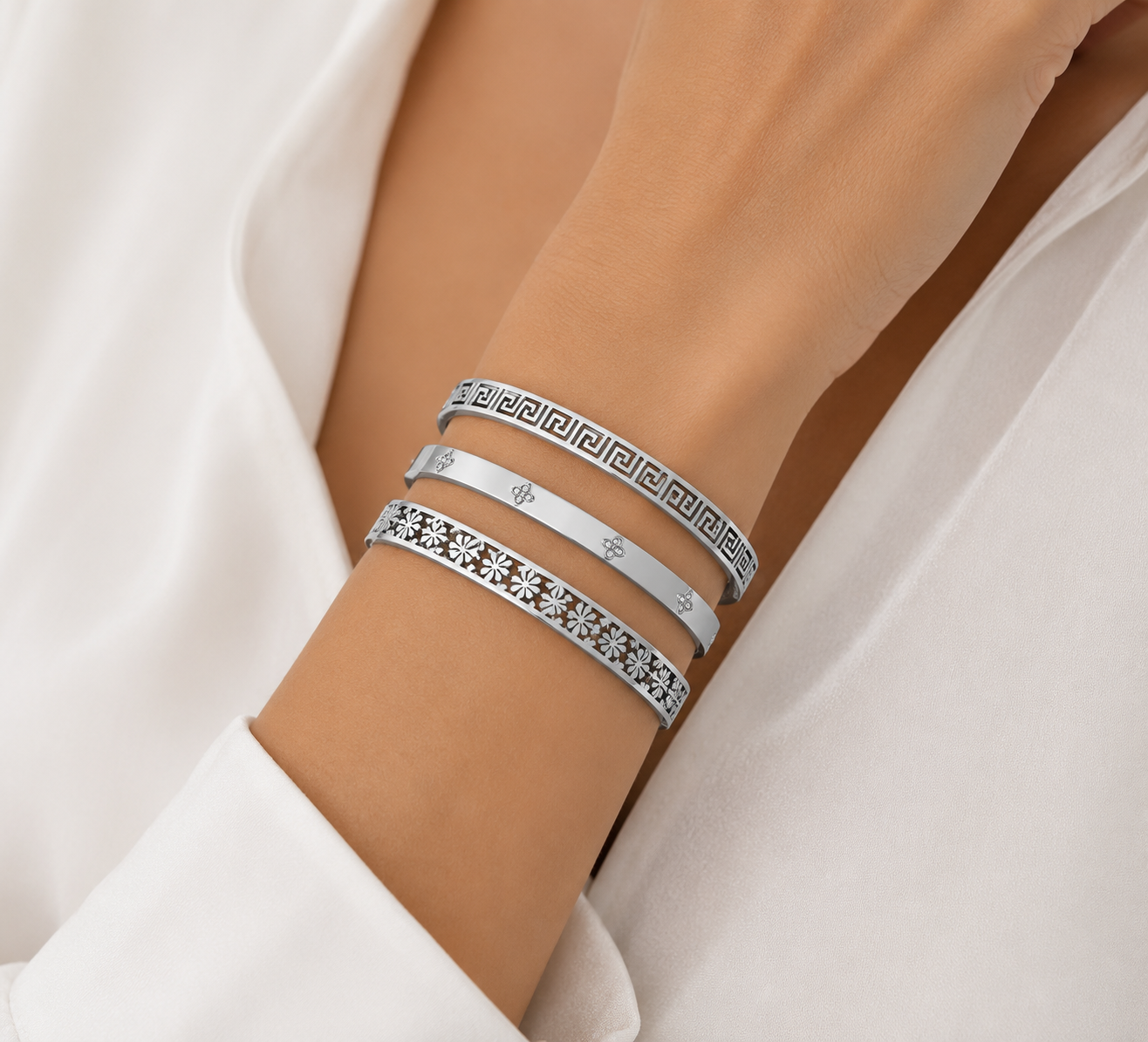 Elegant Stainless Steel Bangle Set – Silver (3 Piece)