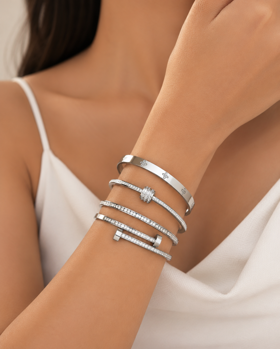 Luxe Crystal Bangle Set – Silver (4 Piece)