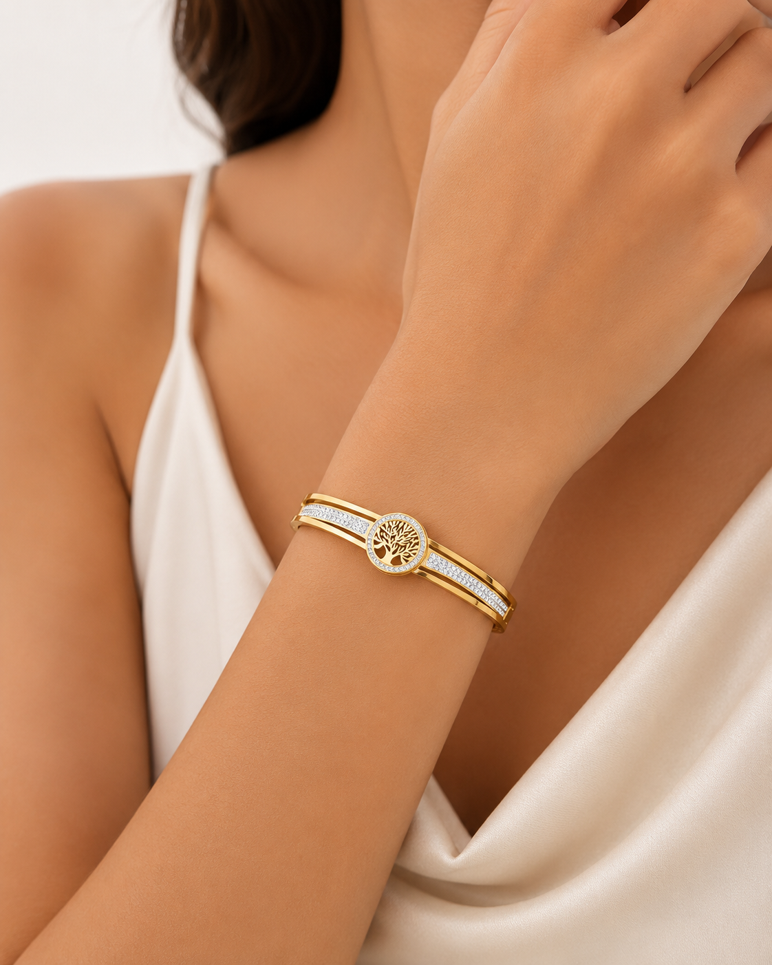 Tree of Life Crystal Bangle – Gold