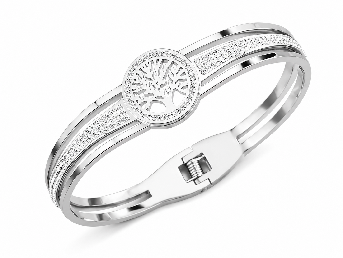 Tree of Life Crystal Bangle – Silver