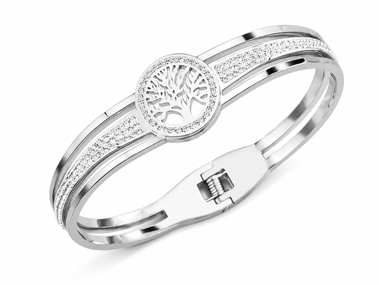 Tree of Life Crystal Bangle – Silver