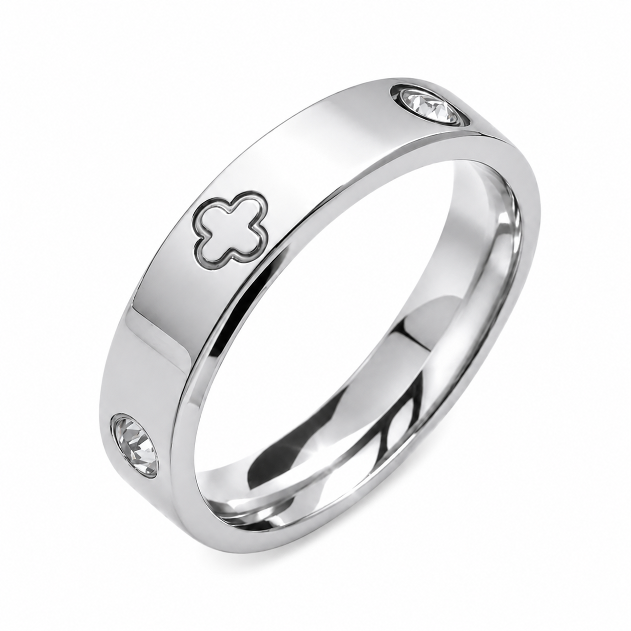 Clover Crystal Stainless Steel Ring – Silver