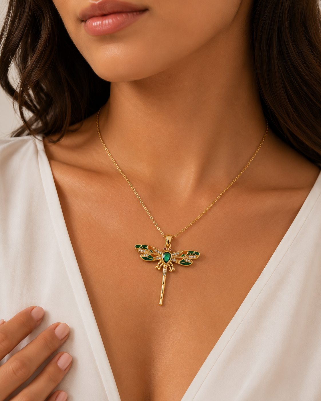 Emerald Dragonfly Pendant Necklace