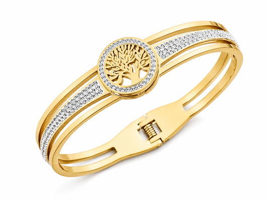 Tree of Life Crystal Bangle – Gold