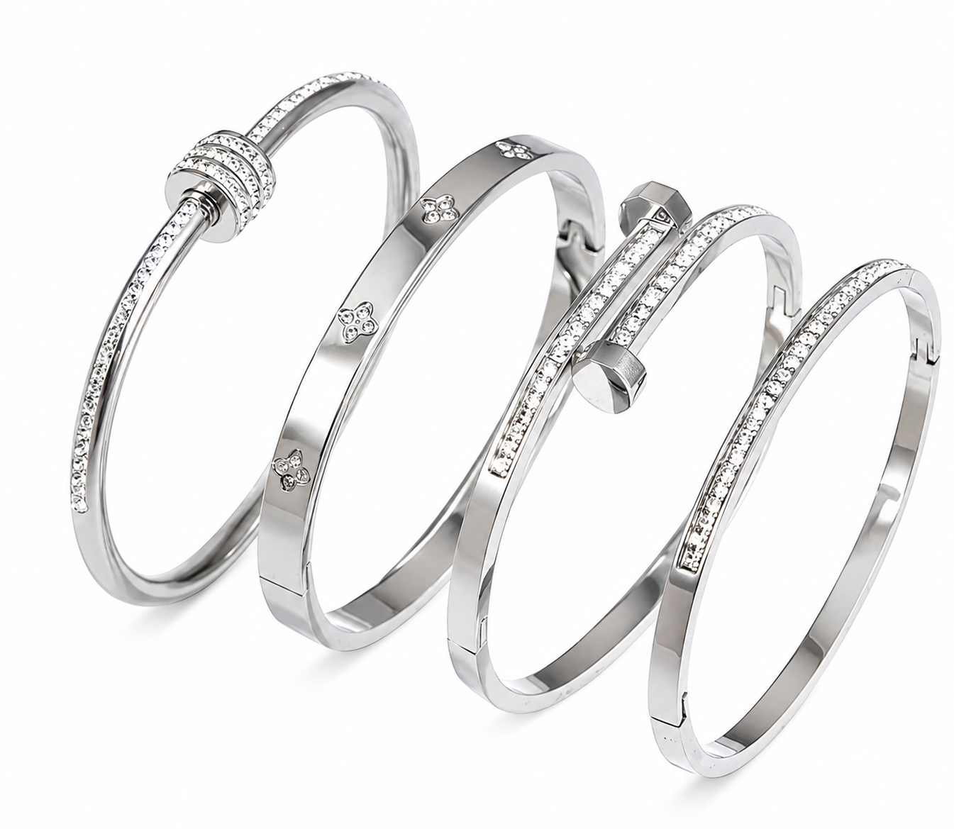 Luxe Crystal Bangle Set – Silver (4 Piece)