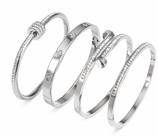 Luxe Crystal Bangle Set – Silver (4 Piece)