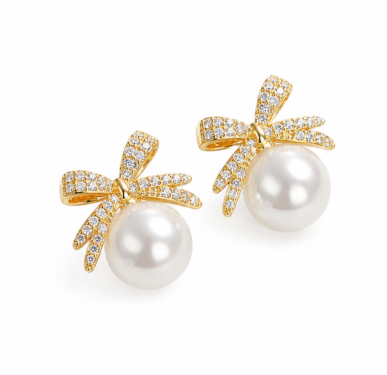 Pearl Bow Stud Earrings – Gold