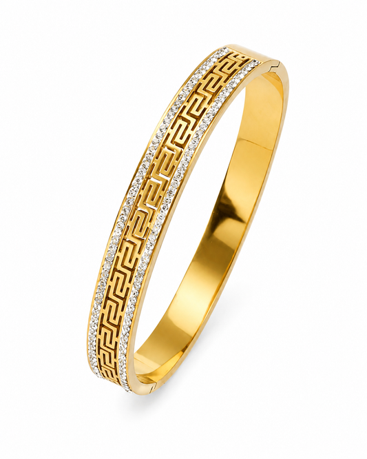 Greek Pattern Crystal Bangle – Gold
