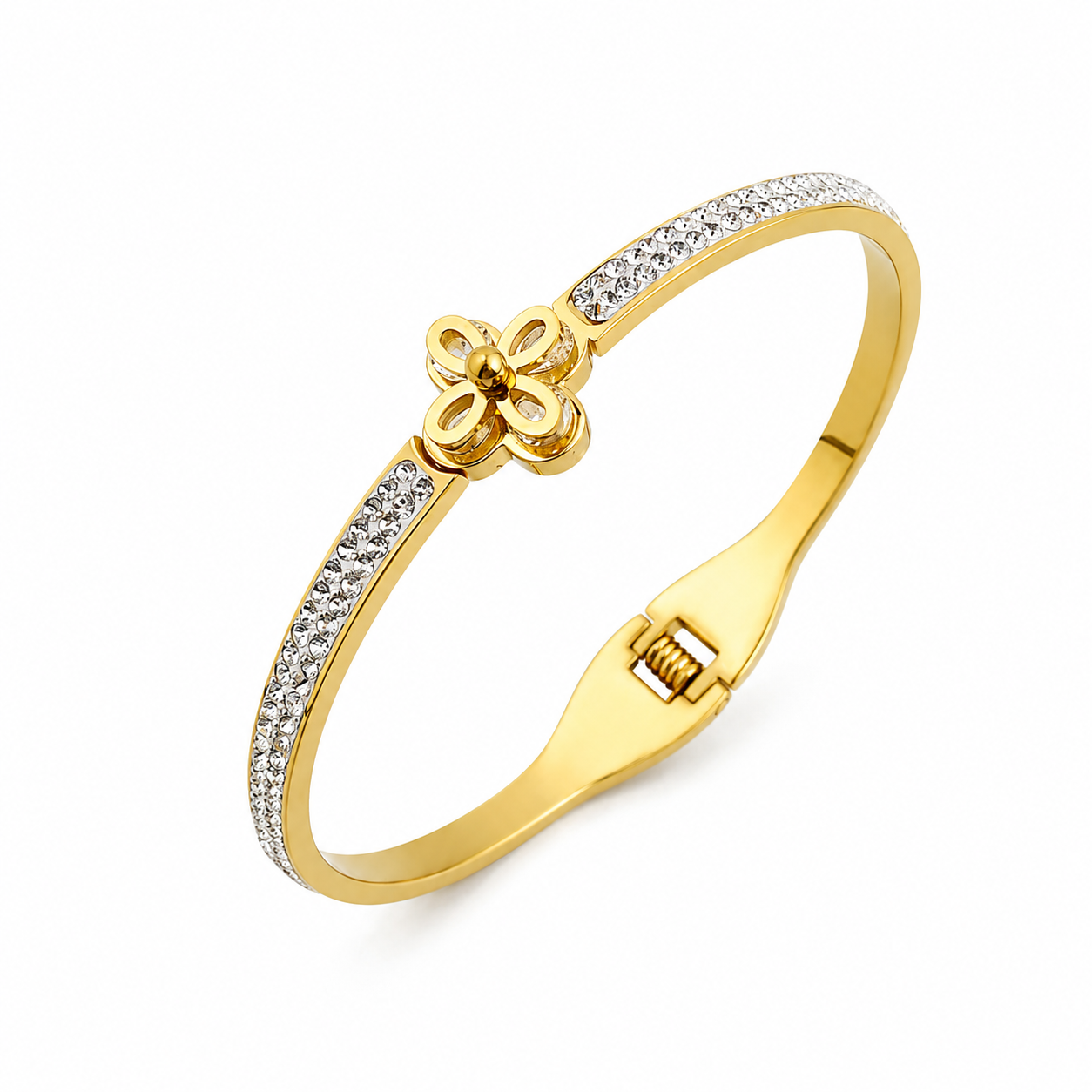 Crystal Clover Bangle – Gold