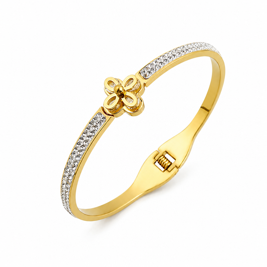 Crystal Clover Bangle – Gold