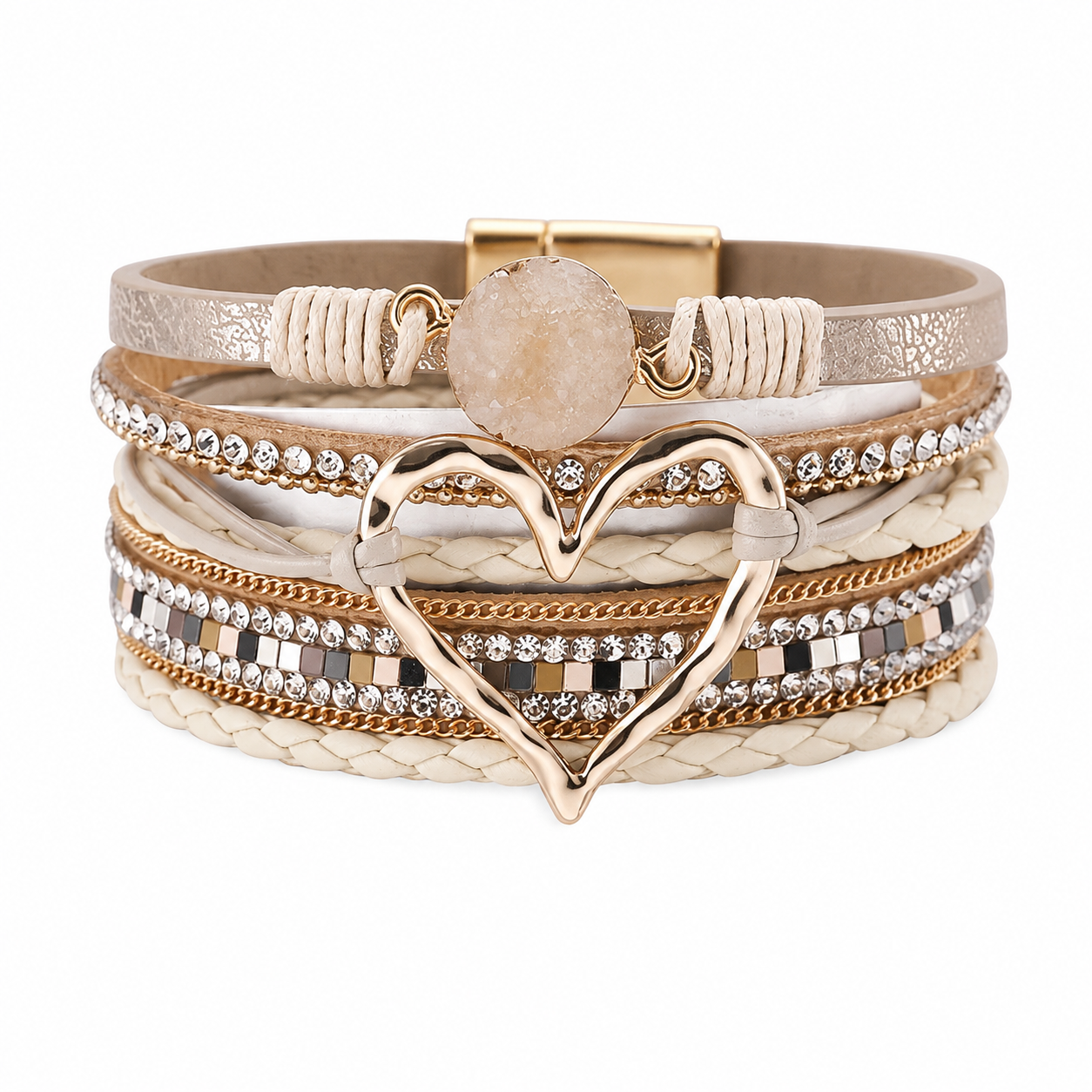 Layered Heart Charm Bracelet – White & Gold