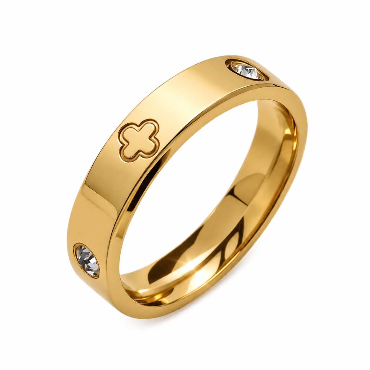 Clover Crystal Stainless Steel Ring – Gold