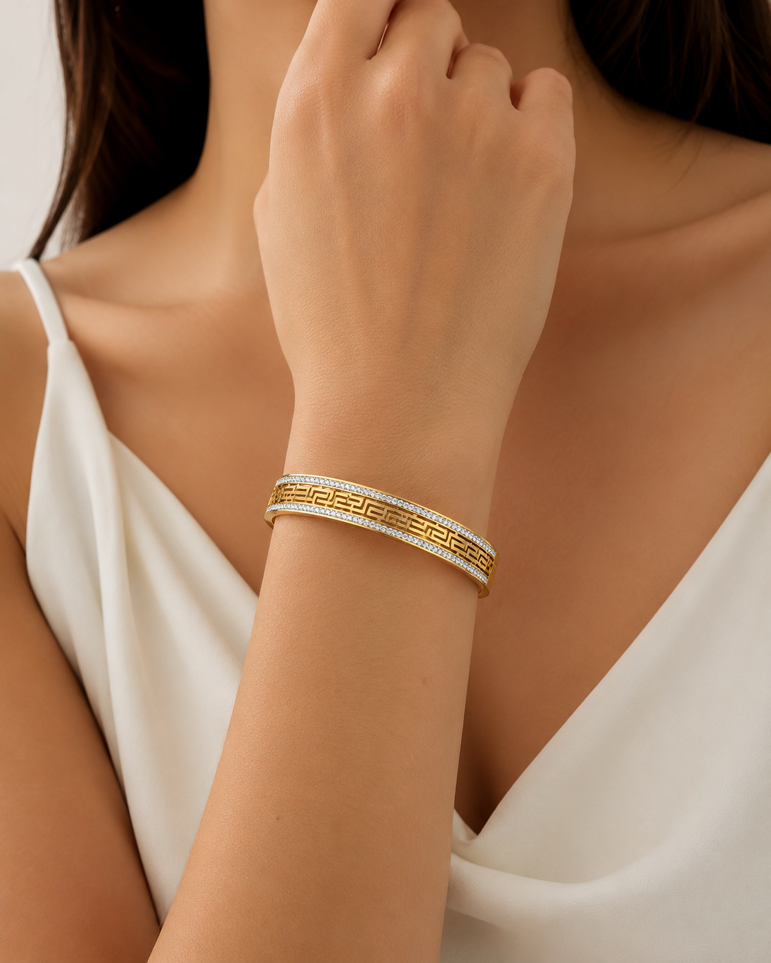 Greek Pattern Crystal Bangle – Gold